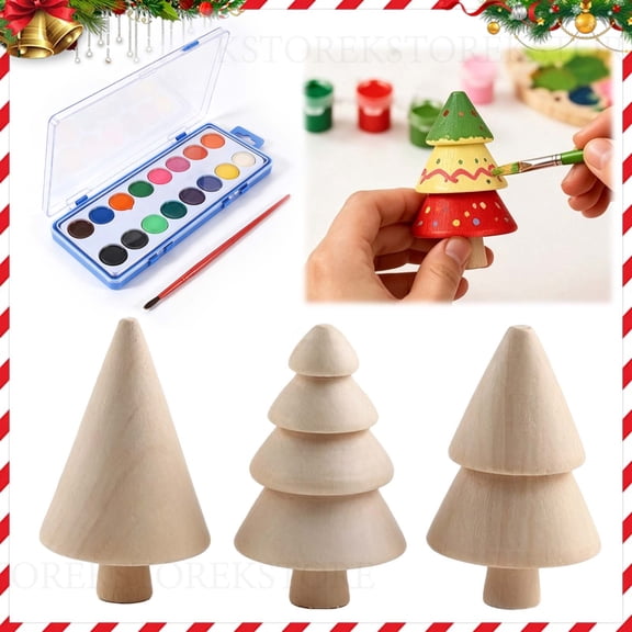 DIY Wooden Christmas Tree Set - Color Your Christmas Your Way, Unfinished Wood Craft Kit with Paint and Brushes, Creative Holiday Activity for Crafters 3pc
