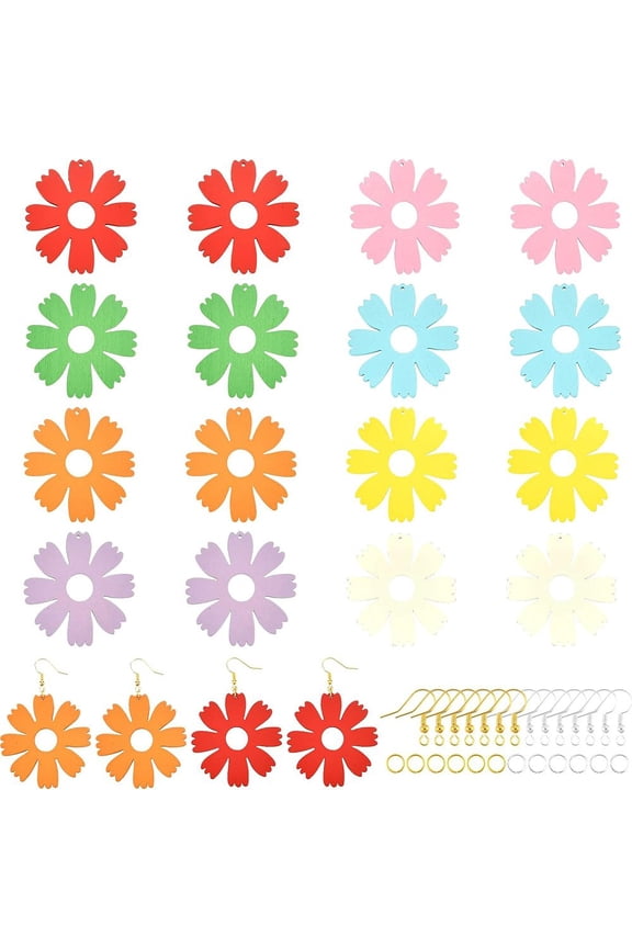 DIY Wooden Dangle Earring Making Kits 32Pcs Flower Wooden Pendants Brass Earring Hooks and Iron Jump Rings Mixed Color 112pcs/set