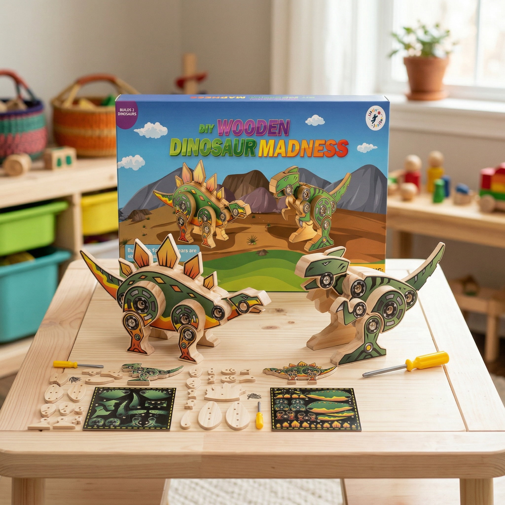 DIY Wooden Dinosaur Madness Kit with Stickers (T-Rex & Stegosaurus ...