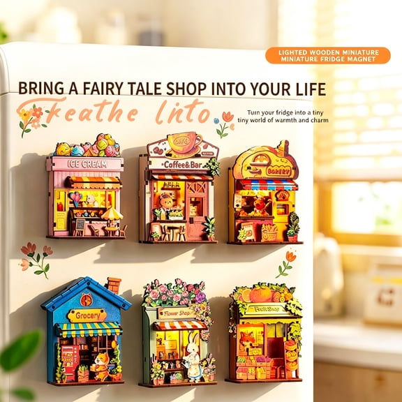 DIY Wooden Mini House Fridge Magnet with LED Light, Capybara Bakery 3D Puzzle Refrigerator Decor