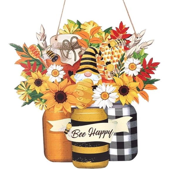 DIY Wooden Pendants Decorations for Hanging Craft Making Bee & Sunflower with Word Bee Happy Gold 300x294x4mm Hole: 3mm