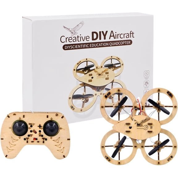 DIY Wooden RC Drone Kit for Beginners, Educational Flying Quadcopter Model, Remote Control Assembly, Creative Building Blocks Aircraft (1pcs)