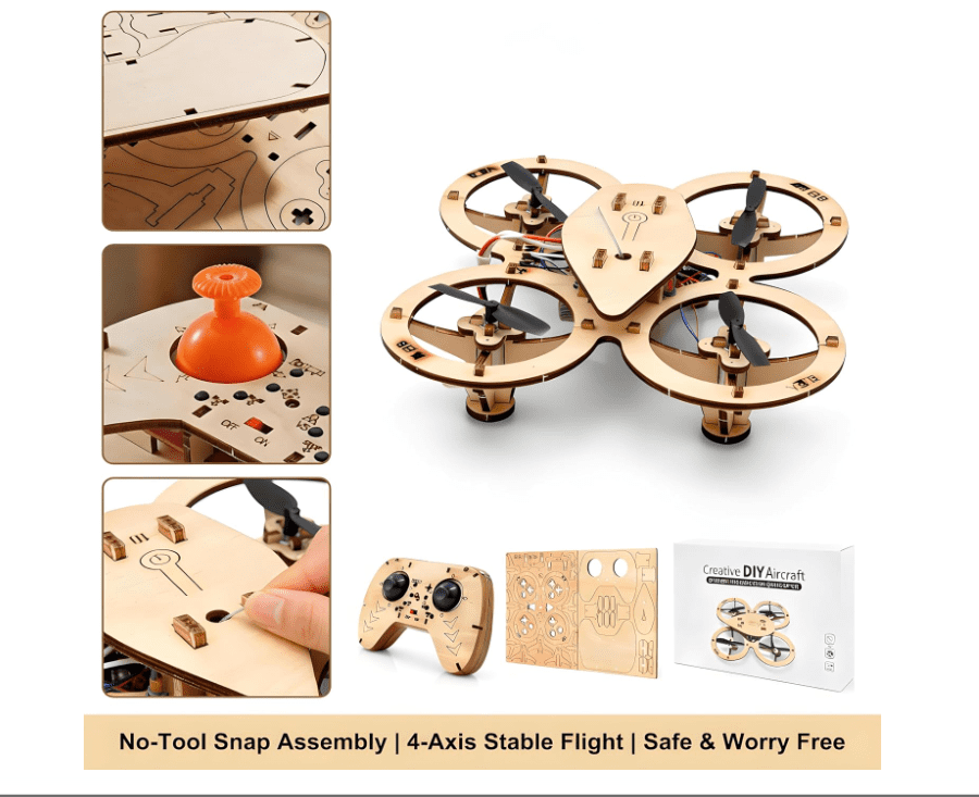 DIY Wooden RC Drone Model Kit, Assembled Building Blocks Quadcopter, Remote Control Flying Aircraft, Beginner Friendly Mini Drone