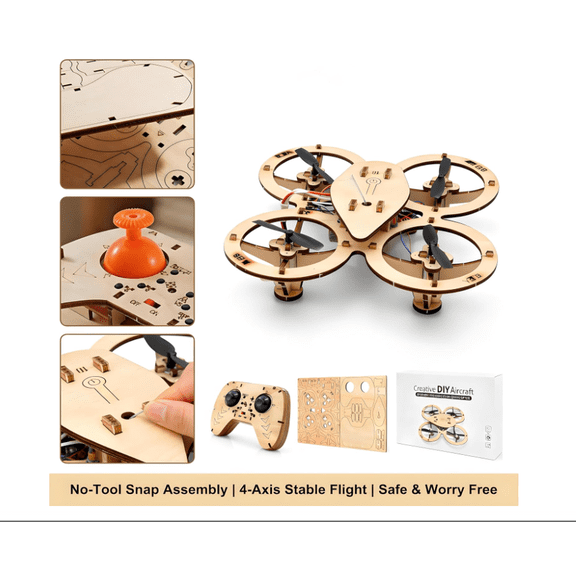 DIY Wooden RC Drone Model Kit, Assembled Building Blocks Quadcopter, Remote Control Flying Aircraft, Beginner Friendly Mini Drone