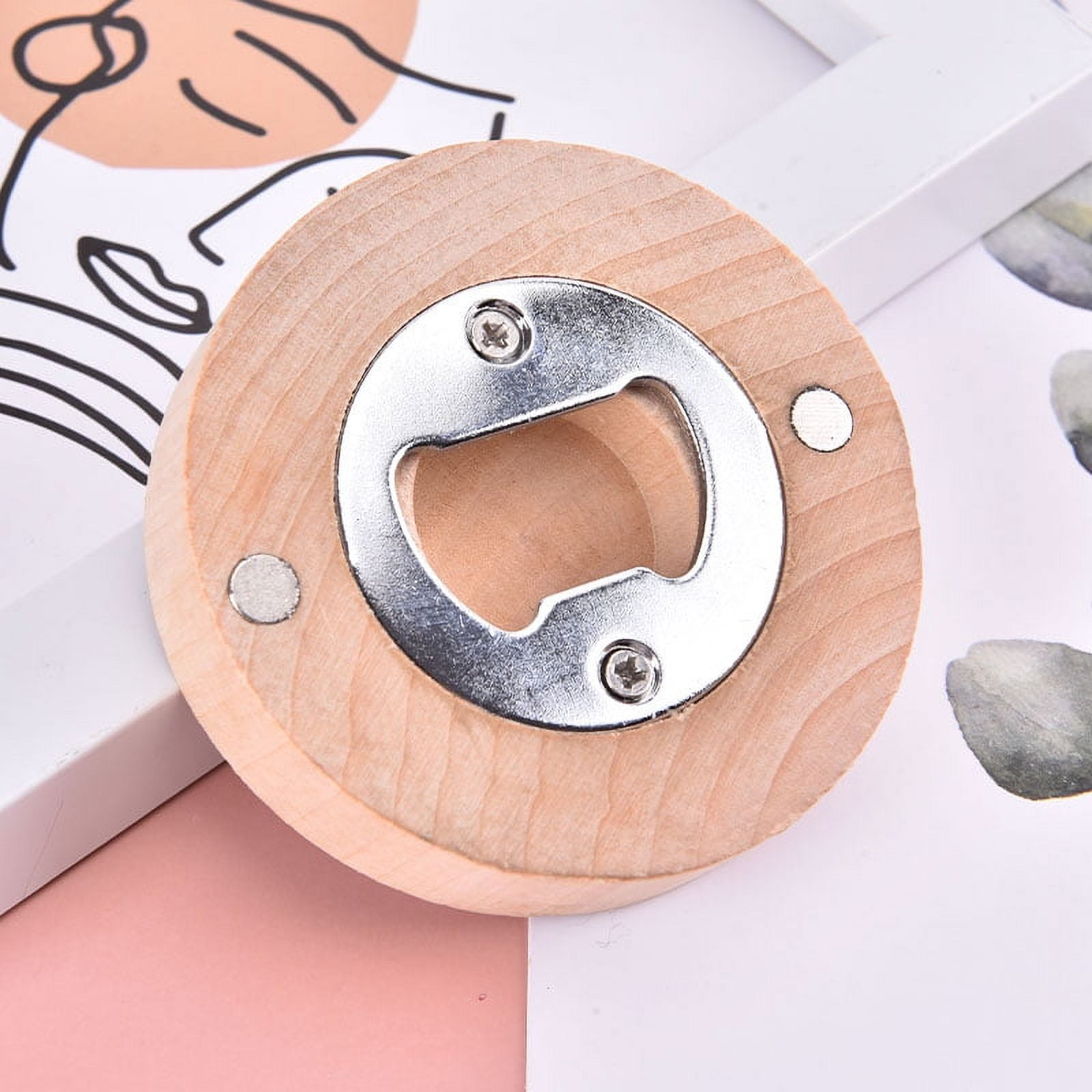 DIY Wooden Round Shape Bottle Opener Coaster Fridge Decor Beer