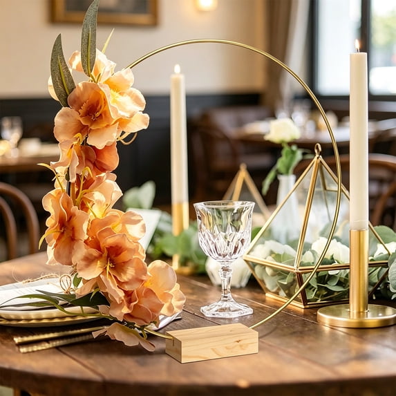 DIY Wreath Metal Ring With Wooden Base - Floral Arrangement for Wedding Centerpieces Table Decor and Party Ornament
