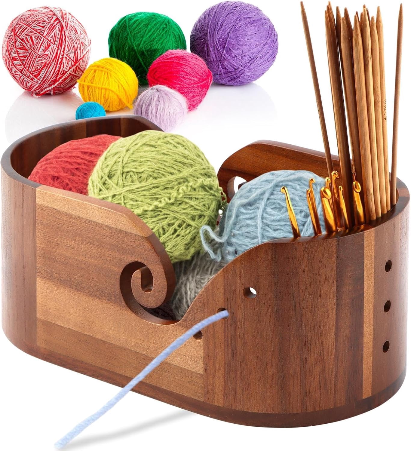 DIY Yarn Bowl Set, with Crochet Hook and Sew Needles Wooden Bowls for Knitting Crochet, Large Holder Bowl(Brown)