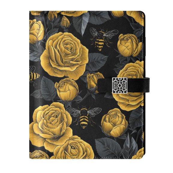 DIY Yellow Rose Bee Printed Microfiber Leather Notebook 9.2x6.7" Refillable Binder Journal with Pen Loop&Pockets 100 Sheets