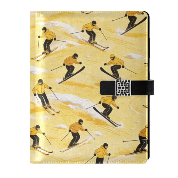 DIY Yellow Skiing Printed Microfiber Leather Notebook 9.2x6.7" Refillable Binder Journal with Pen Loop&Pockets 100 Sheets