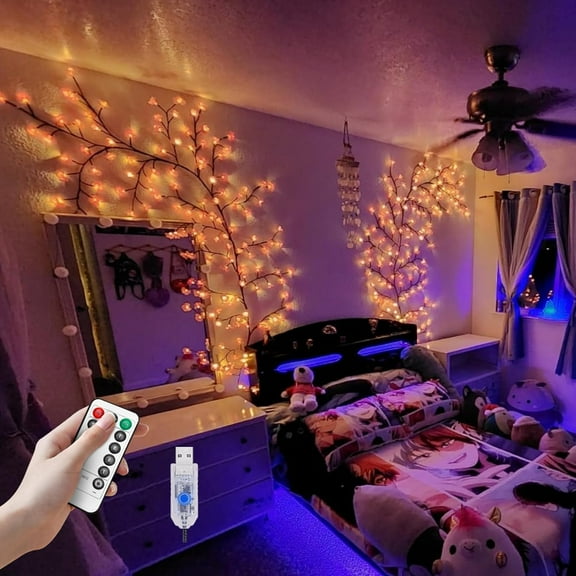 DIY cherry magic willow lamp, 5.25FT 72 LED pink cherry tree branch lamp for wall decoration, remote timer, 8 lighting modes, cherry lamp bedroom door Christmas decoration
