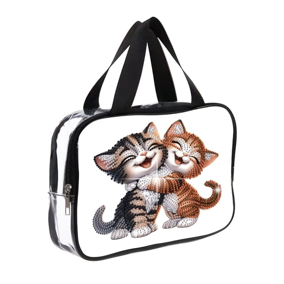 DIY diamond painting makeup bag kit, cheerful cat pattern sequined makeup storage bag with zipper, portable travel toiletries bag, as a handmade creative gift