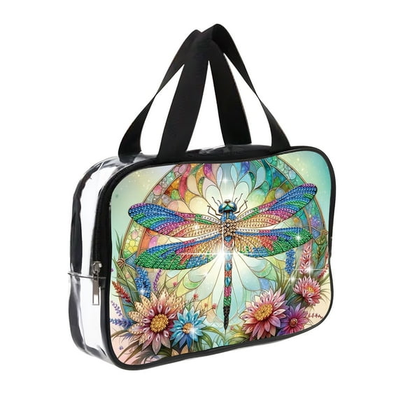 DIY diamond painting makeup bag kit, dragonfly pattern sequined makeup storage bag with zipper, portable travel toiletries bag, as a handmade creative gift