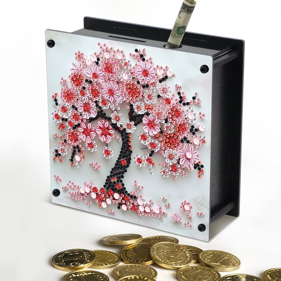 DIY diamond painting piggy bank kit, peach tree applique diamond craft piggy bank, creative crystal applique diamond handmade gift, suitable for decoration and storage, festival gift recommendation
