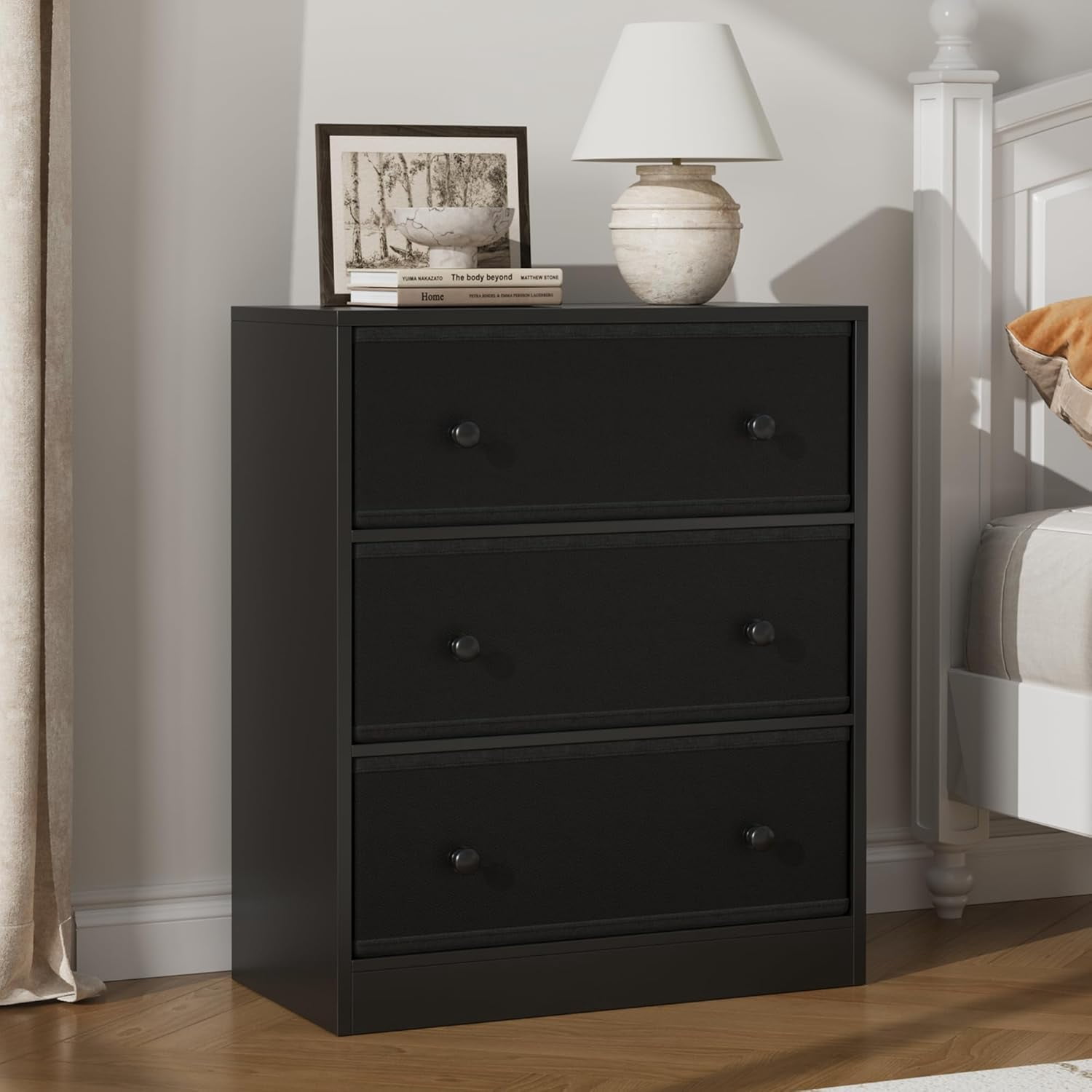DIYART 3 Drawers Dresser for Bedroom, Modern Storage Cabinet with PU & Non-Woven Fabric Drawers, Small Fabric Dresser for Bedroom and Living Room, Black