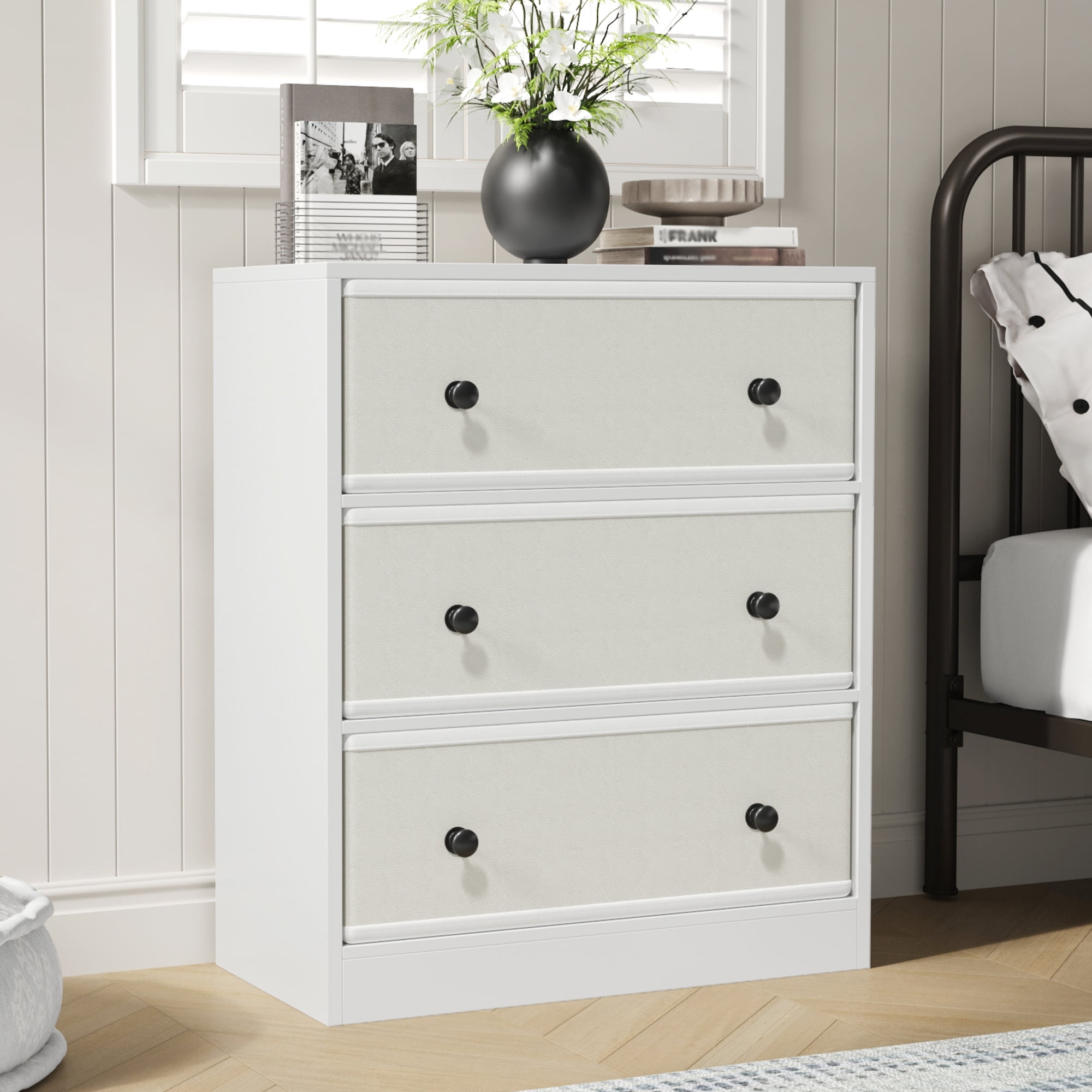 DIYART 3 Drawers Dresser for Bedroom, Modern Storage Cabinet with PU & Non-Woven Fabric Drawers, Small Fabric Dresser for Bedroom and Living Room, White