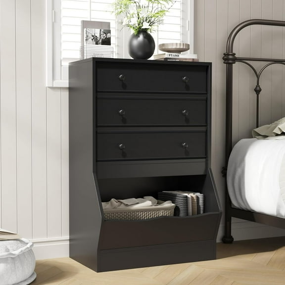 DIYART 3 Drawers Fabric Dresser for Bedroom, Small Dresser with PU & Fabric Drawers, Modern Wooden Storage Cabinet with Open Cube for Closet, and Bedroom, Black