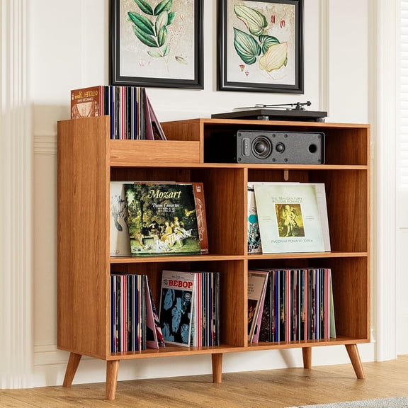 DIYART 3 Tier Large Record Player Stand with Power Outlet, Vinyl Record Storage Table holds Up to 500 Albums, Mid-Century Turntable Stand, Brown