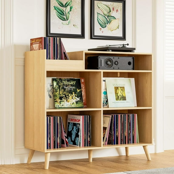 DIYART 3 Tier Large Record Player Stand with Power Outlet, Vinyl Record Storage Table holds Up to 500 Albums, Mid-Century Turntable Stand, Oak