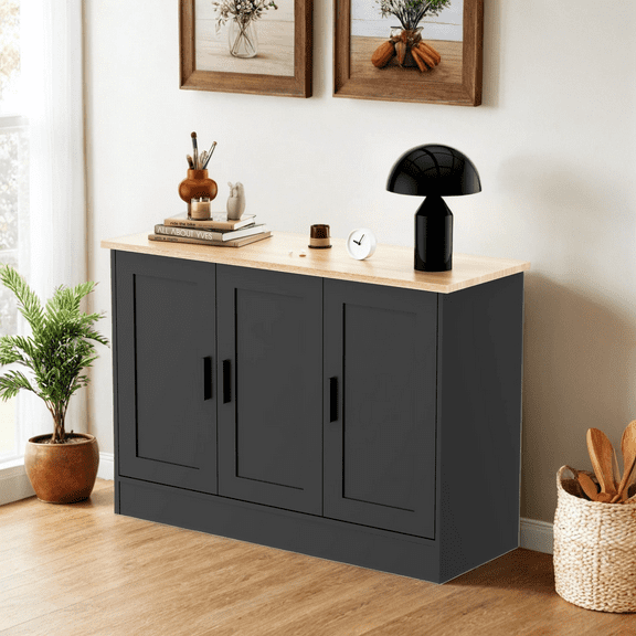 DIYART 43.3”W 3 Door Buffet Cabinet, Coffee Bar Cabinet with Adjustable Shelf, Kitchen Buffet Sideboard for Living Room, Kitchen, Black