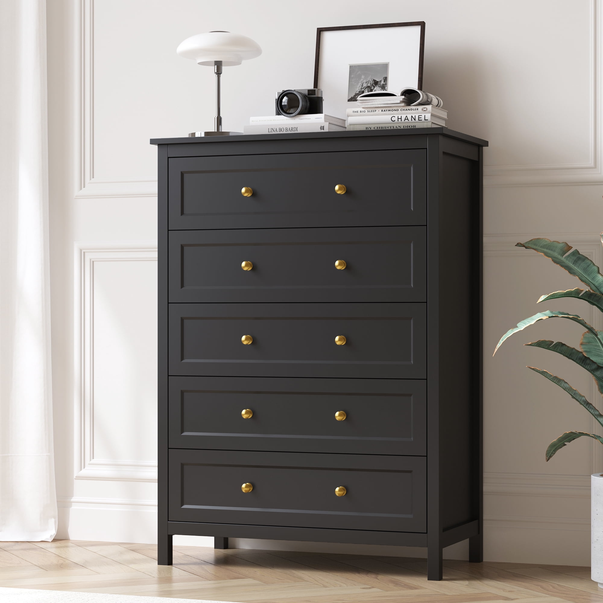 DIYART 5 Drawer Dresser for Bedroom, 42" Tall Chest of Drawers with Golden Handles, Modern Wooden Bedroom Storage Cabinet for Living Room and Closet, Black