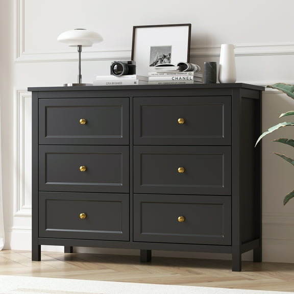 DIYART 6 Drawer Dresser for Bedroom, 41" Wide Large Chest of Drawers with Golden Handles, Modern Modern Bedroom Storage Dresser for Closet and Living Room, Black