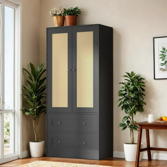 DIYART 64.2" Tall Rattan Black Kitchen Pantry Cabinet, Kitchen Storage Cabinet with Doors and Drawers, Freestanding Wooden Storage Cabinet for Kitchen, Dining Room