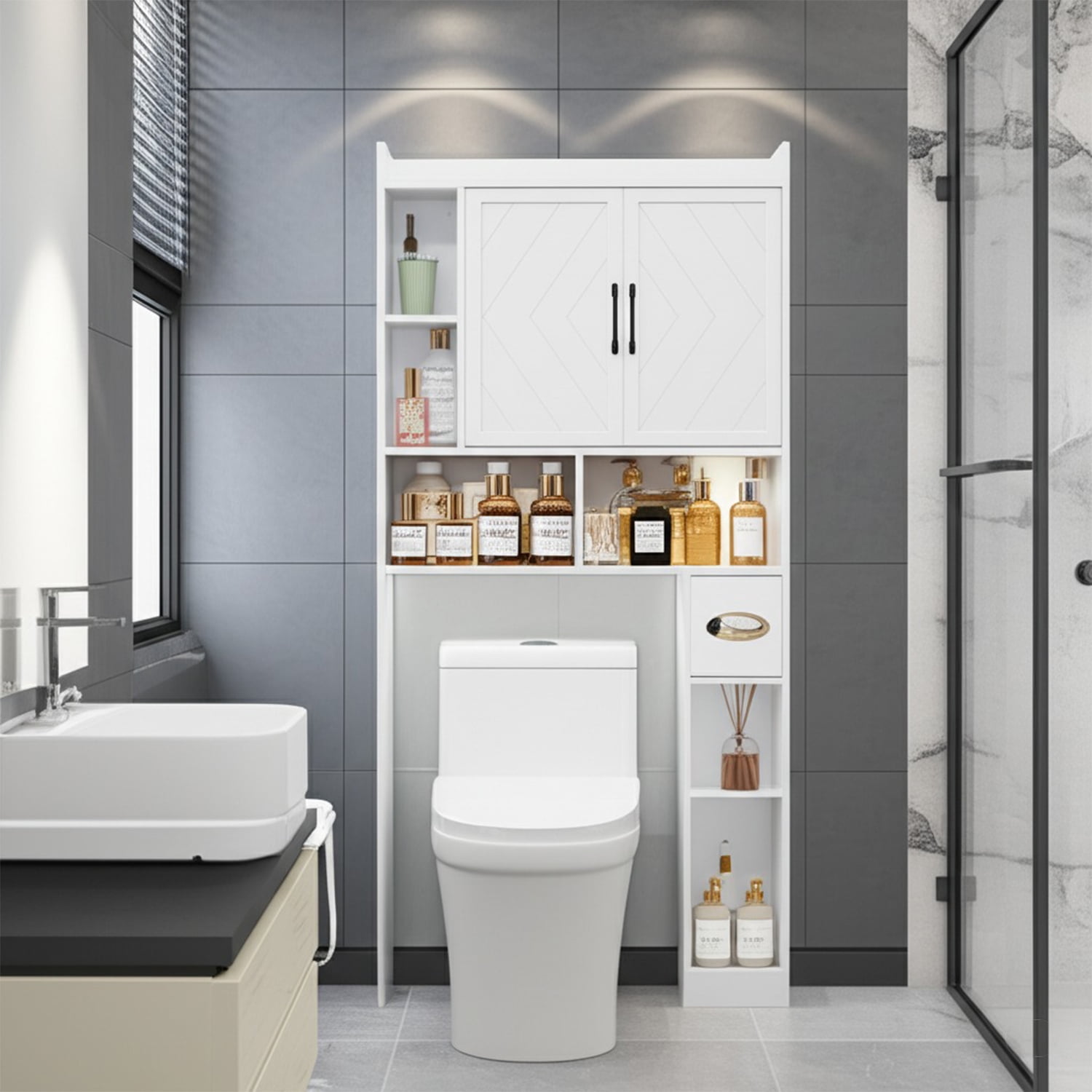 DIYART 67.8" H Over The Toilet Storage Cabinet with Adjustable Shelves & Toilet Paper Holder, Farmhouse Over Toilet Bathroom Organizer, Double Door Toilet Cabinet for Bathroom, and Laundry, White