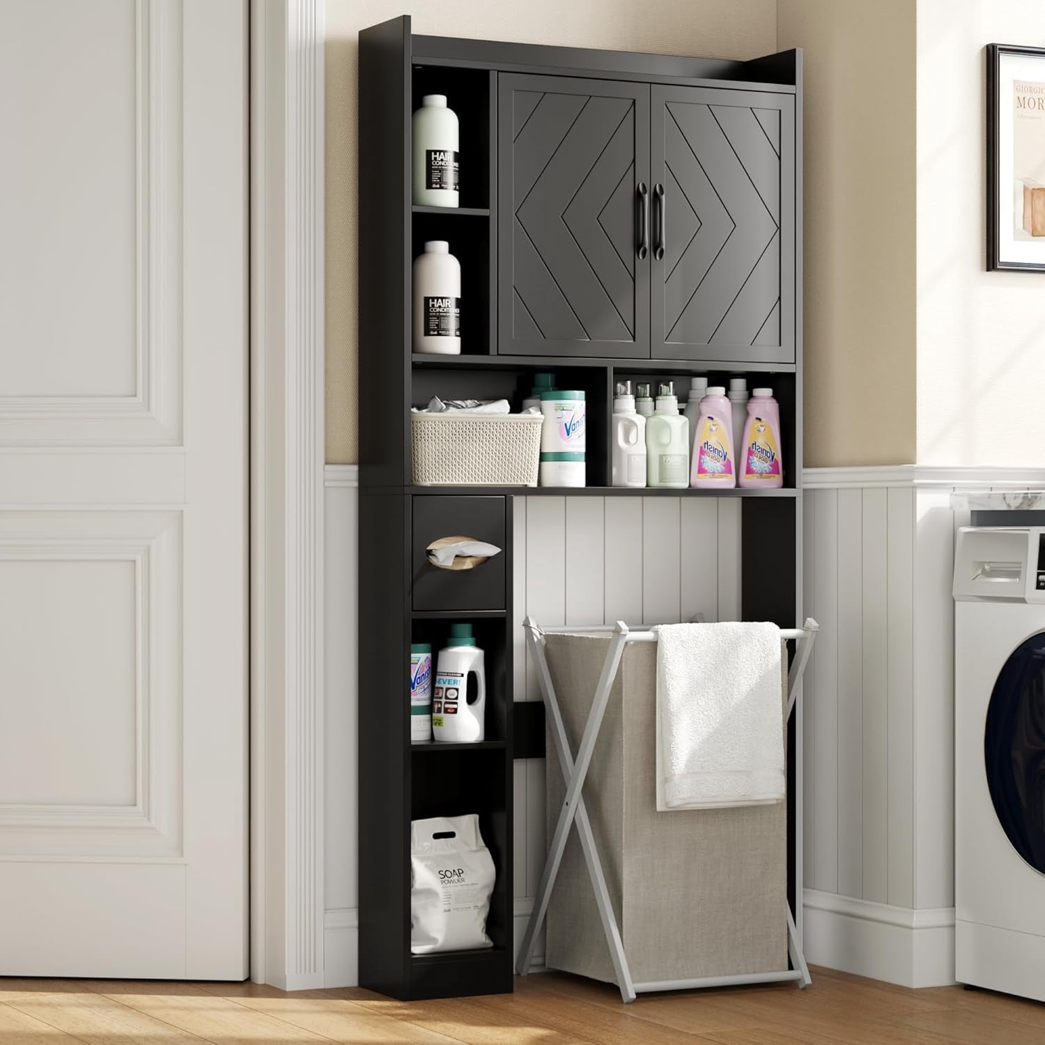 DIYART 67.8" H Over The Toilet Storage Cabinet with Adjustable Shelves & Toilet Paper Holder, Farmhouse Over Toilet Bathroom Organizer, Double Door Toilet Cabinet for Bathroom, and Laundry, Black