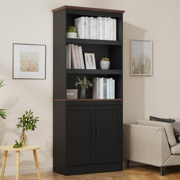 DIYART 71" Tall Bookshelf with Doors, 5 Tiers Farmhouse Bookcase with Adjustable Shelves, Wooden Rustic Display Cabinet for Home Office, Living Room, Black