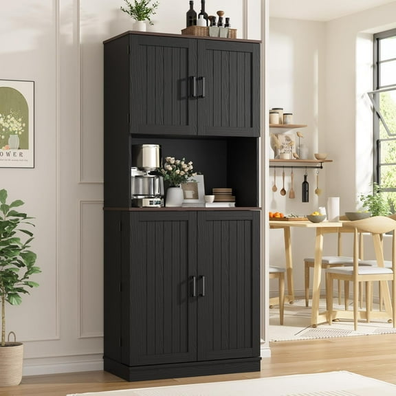 DIYART 71" Tall Kitchen Pantry Cabinet, Farmhouse Kitchen Storage Cabinet with 6 Hanging Shelves and Adjustable Shelves, Freestanding Cupboard for Dining Room, Rustic Black