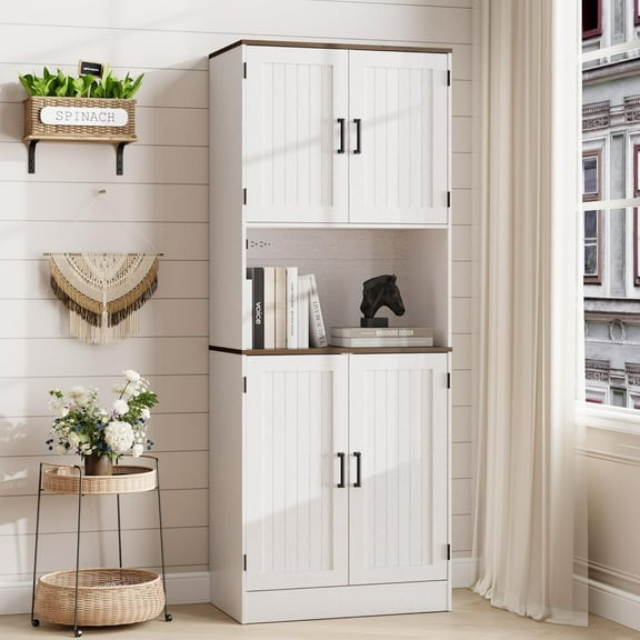DIYART 71" Tall Pantry Cabinet with Charging Station, Farmhouse Kitchen Hutch with Adjustable Shelves, Modern Kitchen Pantry Storage Cabinet for Dinning Room & Living Room, Antique White