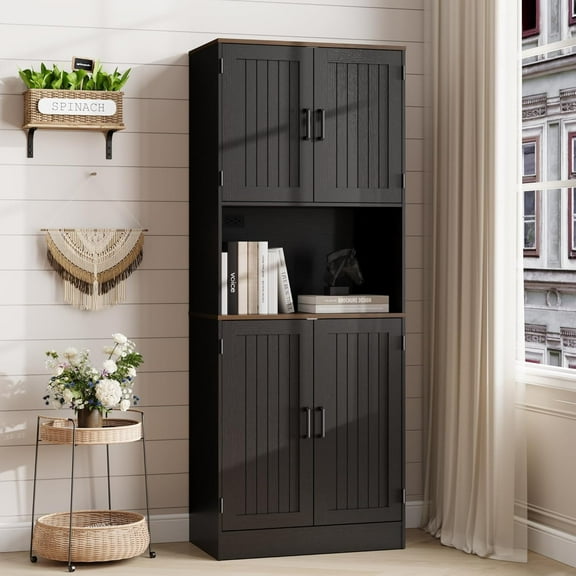 DIYART 71" Tall Pantry Cabinet with Charging Station, Farmhouse Kitchen Hutch with Adjustable Shelves, Modern Kitchen Pantry Storage Cabinet for Dinning Room & Living Room, Antique Black