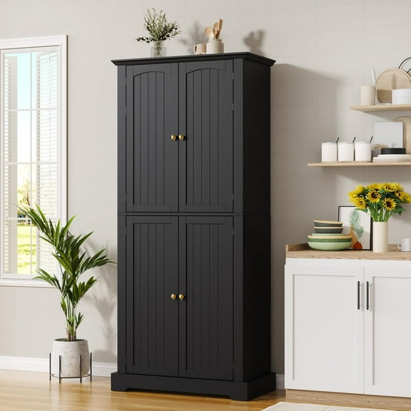 DIYART 71" Tall Pantry Cabinet, Farmhouse Kitchen Storage Cabinet with 6 Hanging Shelves and Adjustable Shelves, Freestanding Cupboard for Kitchen & Dining Room, Black