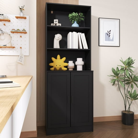 DIYART 75" Tall Bookcase with Doors, 5 Tier Large Bookshelf with Cabinet, Standing Wood Display Book Shelf for Living Room, Office, Library, Black