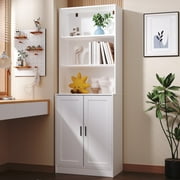 DIYART 75" Tall Bookcase with Doors, 5 Tier Bookshelf with Cabinet, Standing Wood Display Book Shelf for Living Room, Office, Library, White