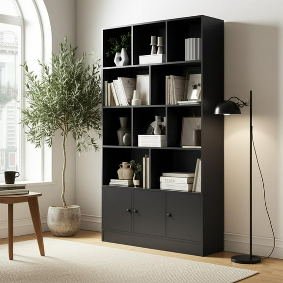DIYART Black 5-Tier Bookshelf, 13-Cube Storage Cabinet with 3 Doors, Freestanding Bookcase for Living Room & Home Office