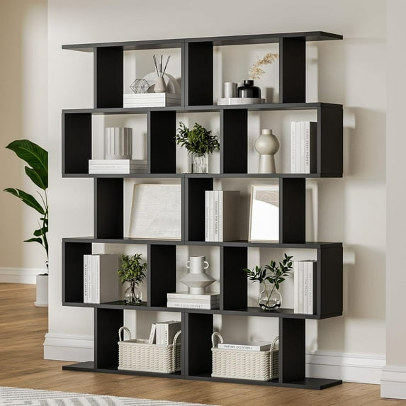 DIYART Black 5-Tier Geometric Bookcase, S-Shaped Modern Bookshelf set of 2, 5 Tier Bookshelf for Living Room