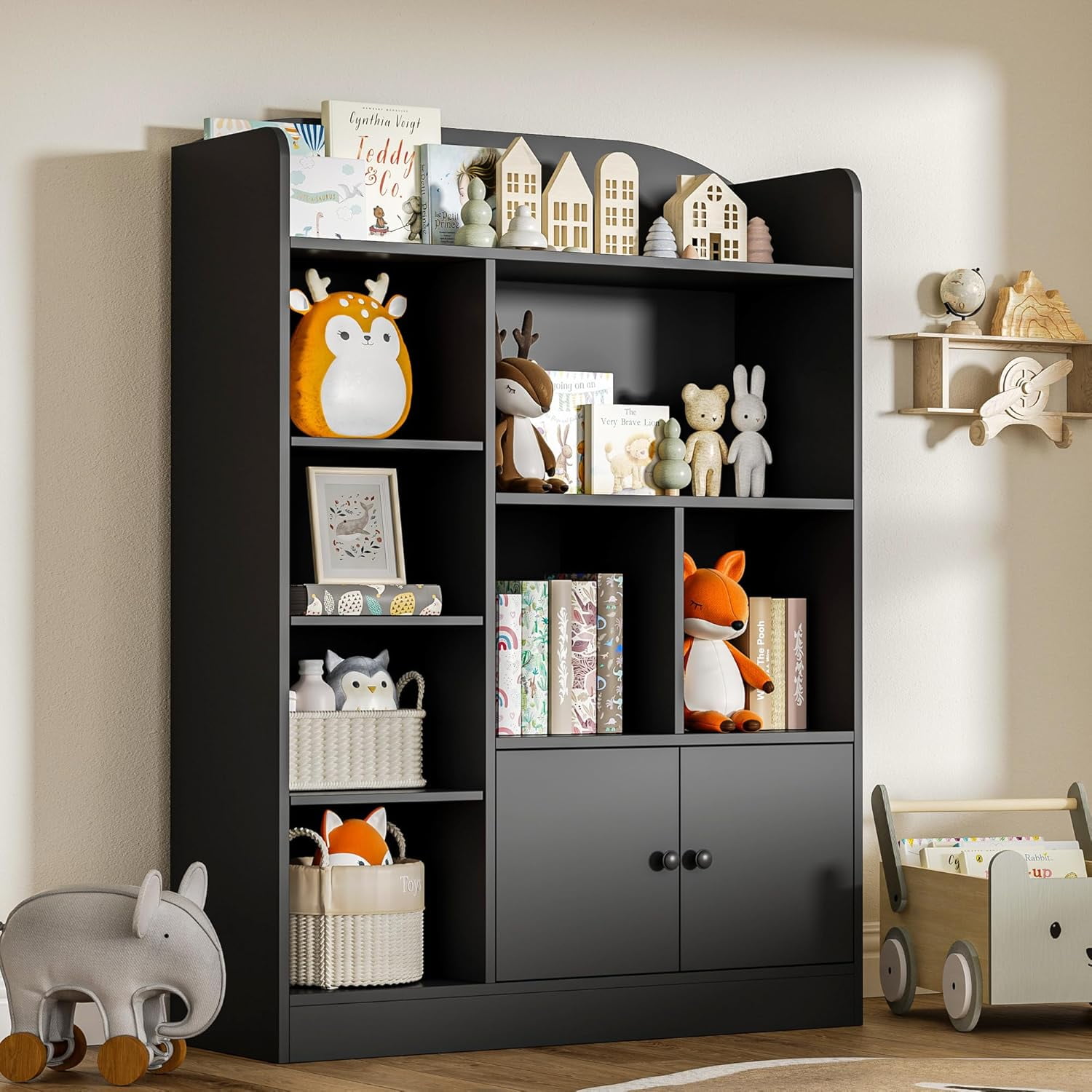 DIYART Black Kids Bookshelf, Kids Bookcase with 7 Cubbies and 2