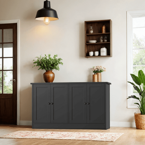 DIYART Black Buffet Storage Cabinet with 4 Door, 49" W Coffee Bar Cabinet, Kitchen Buffet Sideboard for Living Room, Kitchen