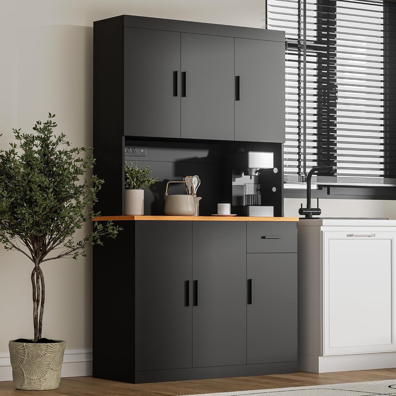 DIYART Black Kitchen Pantry Cabinet, 71" Tall Kitchen Storage Cabinet with 6 doors and Power Outlet