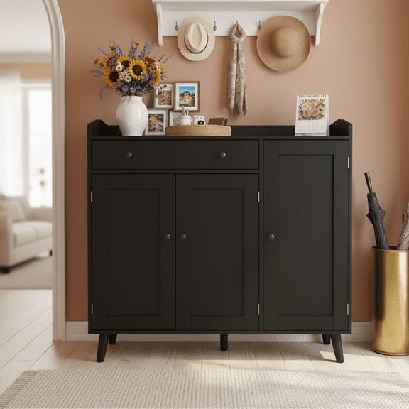 DIYART Black Large Shoe Cabinet fit up to Shoe Size 16, Shoe Storage Cabinet with 3 Doors and 1 Drawer, Wooden Shoe Organizer for entryway