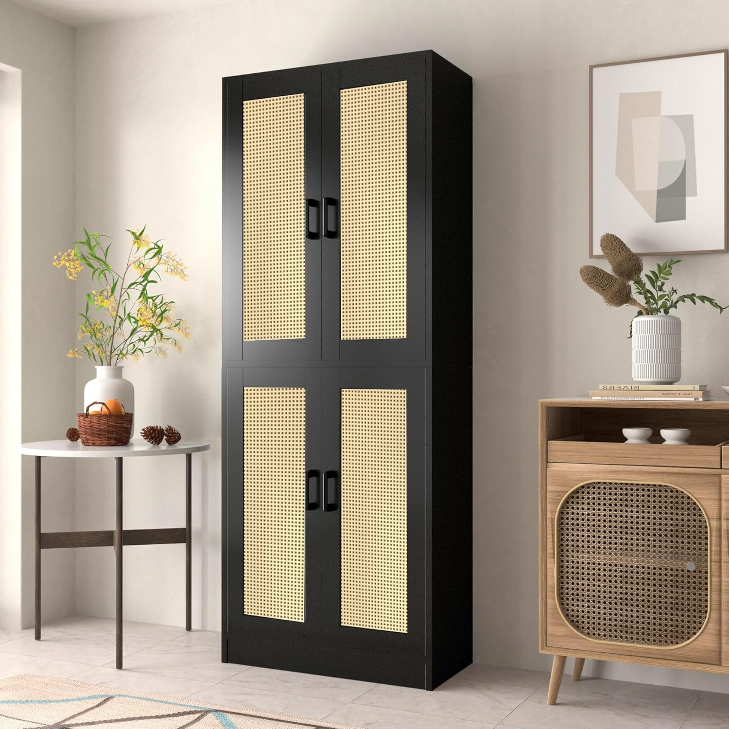 DIYART Black Rattan Kitchen Pantry Cabinet, 71" Tall Kitchen Pantry ...