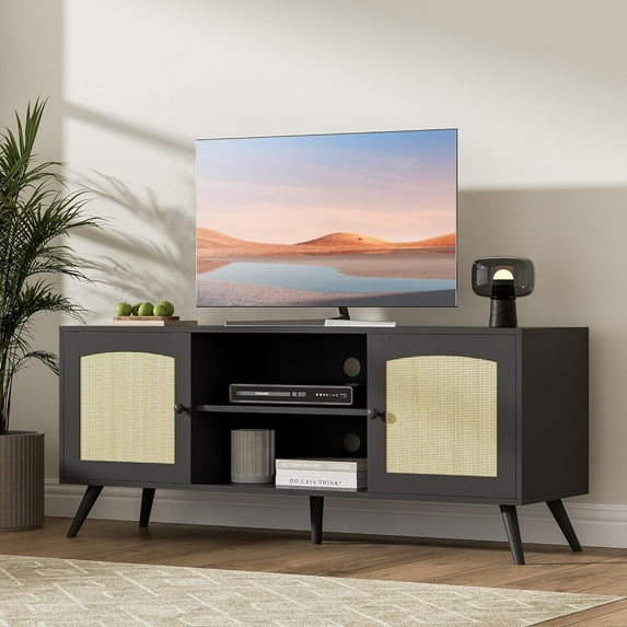 DIYART Black Rattan TV Stand for 60 Inch TV, Wooden Mid Century Modern Entertainment Center with Natural Rattan Door, Boho Media TV Console for Living Room