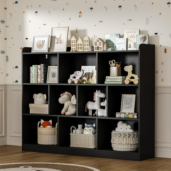 DIYART Black Wood Bookcase with 3 Tier Open Shelves, 10-Cube Storage Shelf, 55.1" W x 42.5" H