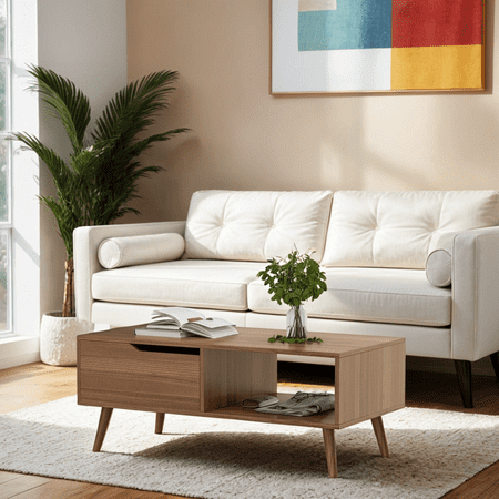 DIYART Brown Coffee Table, Mid Century Modern Coffee Table with Drawer & Shelf, 39'' Wooden Simple Console Table for Living Room