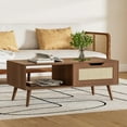 thumbnail image 1 of DIYART Brown Rattan Coffee Table, Mid Century Modern with Drawer & Shelf, 39'' Wooden Boho Coffee Table for Living Room, 1 of 7