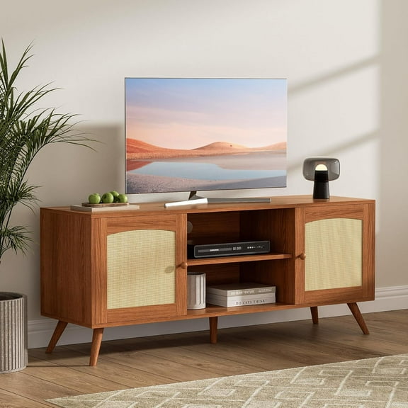 DIYART Brown Rattan TV Stand for 60 Inch TV, Wooden Mid Century Modern Entertainment Center with Natural Rattan Door, Boho Media TV Console for Living Room