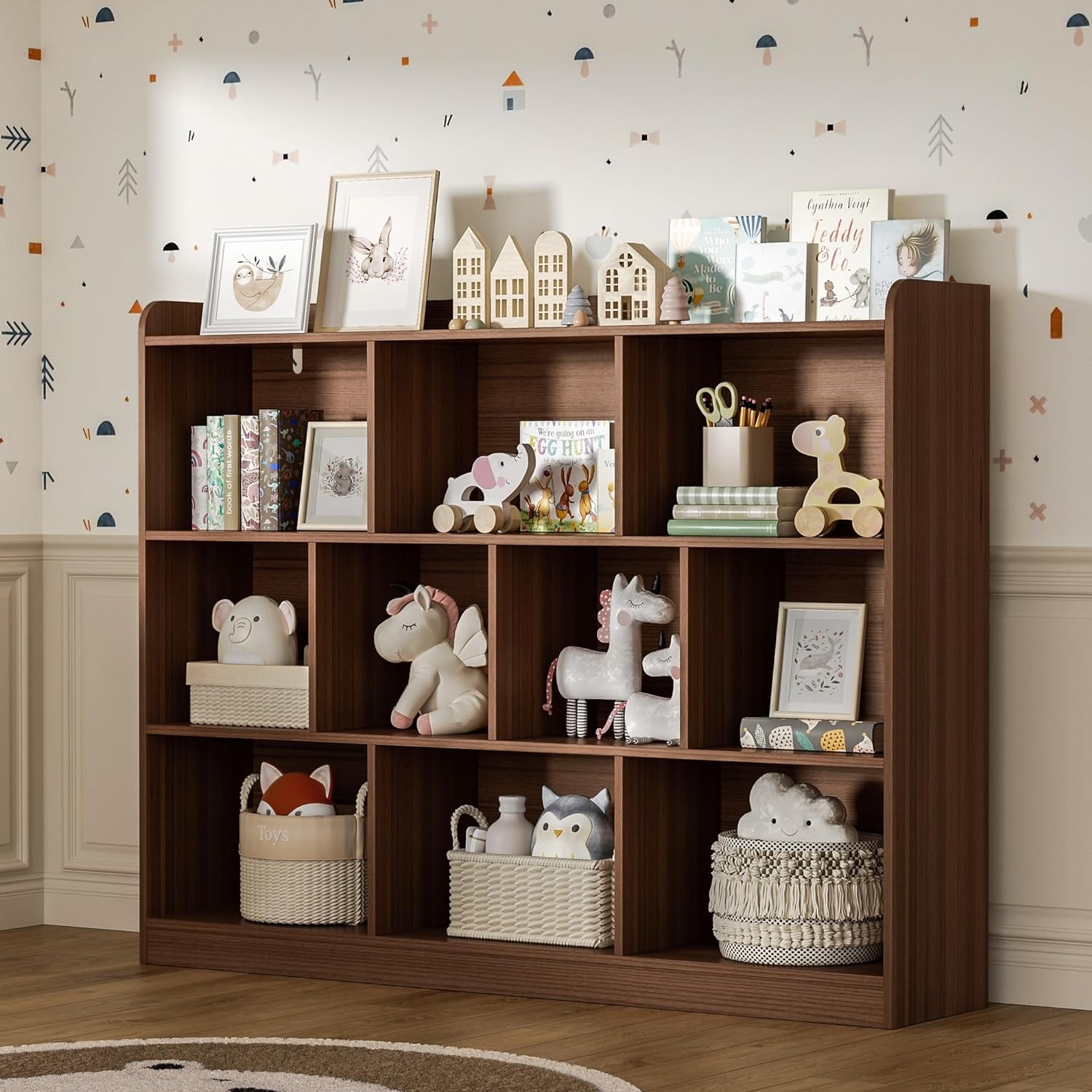 DIYART Brown Wood Bookcase with 3 Tier Open Shelves, 10-Cube Storage Shelf, 55.1" W x 42.5" H