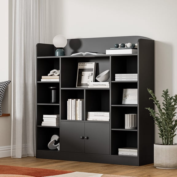 DIYART Cubbies Kids Bookshelf, Kids Bookcase with 11 Cubbies and 2 Cabinets, Freestanding Book Storage Shelves for Livingroom , Playroom,Black