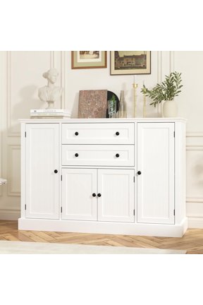 Farmhouse 47" Buffet Cabinet with Storage,Large Sideboard Buffet with Drawers and Adjustable Shelves, Rustic Coffee Bar Cabinet for Kitchen, White